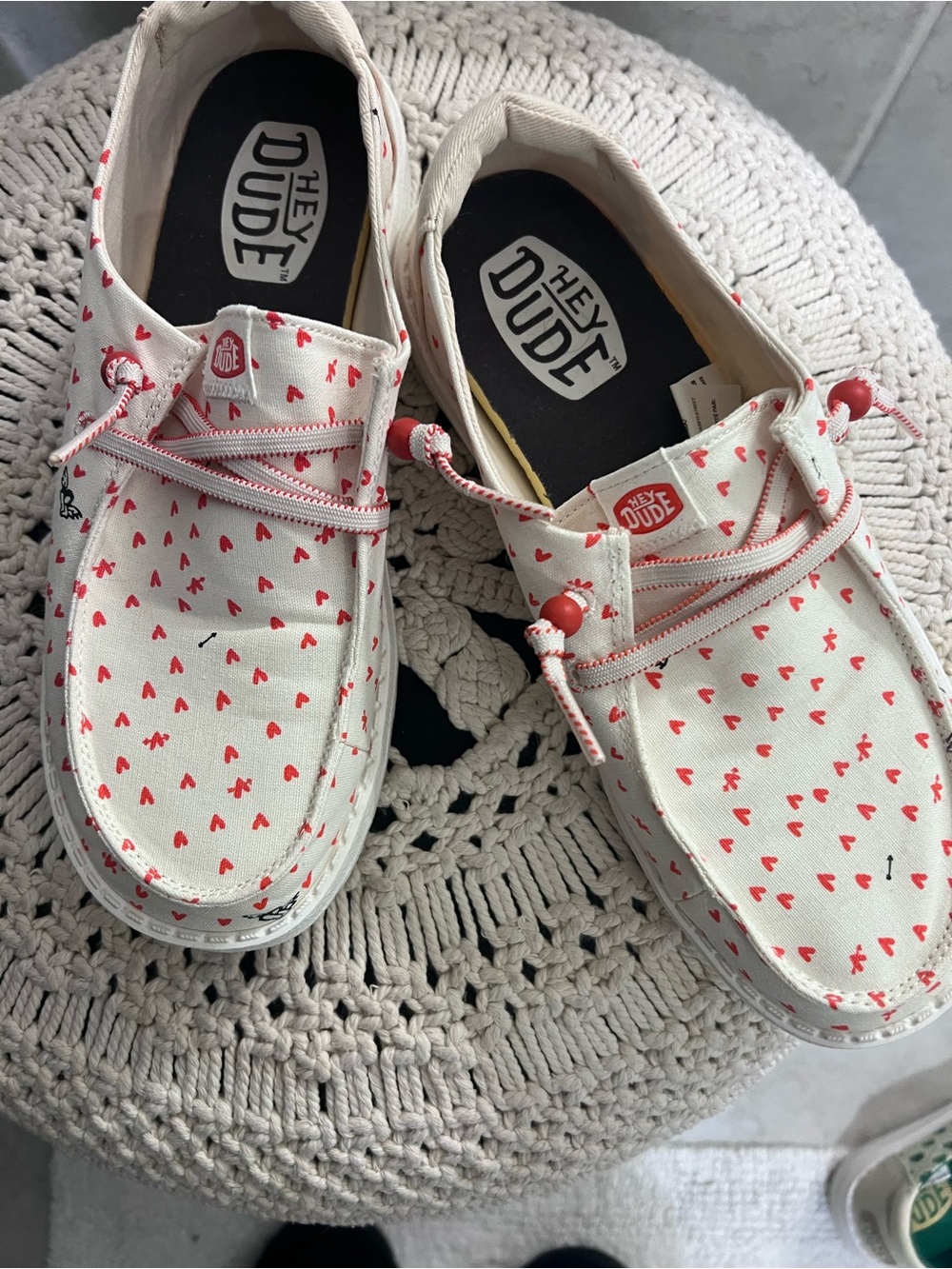 Hey Dude Cream Canvas Slip-Ons with Red Heart Print